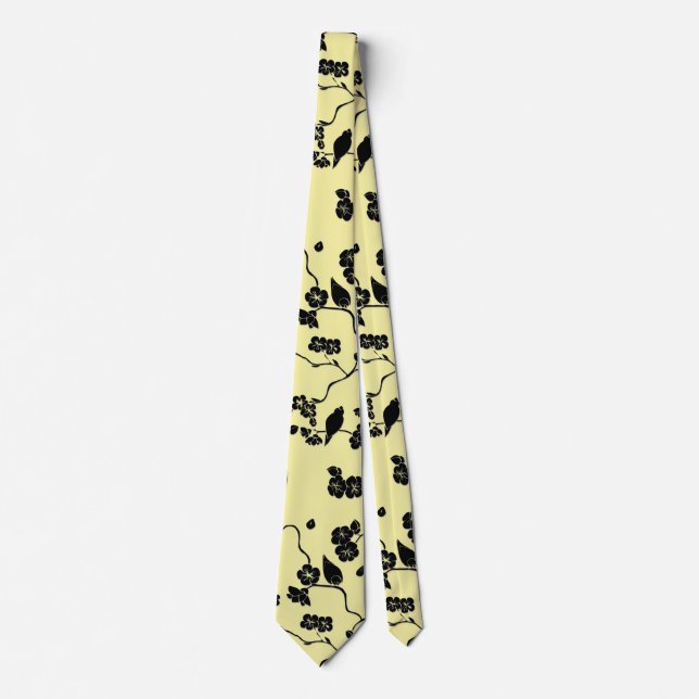 Fåglar på Cherry Blommars Black på Lemon Gult Slips (Framsida)