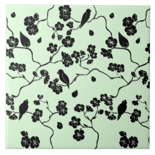 Fåglar på Cherry Blommars Black på Mint Grönt Kakelplatta