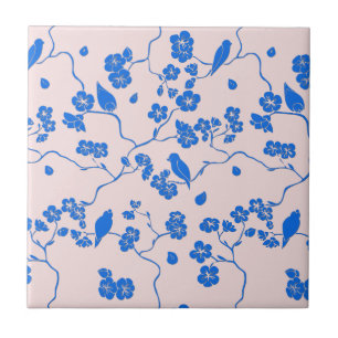 Fåglar på Cherry Blommars Blue på  Kakelplatta