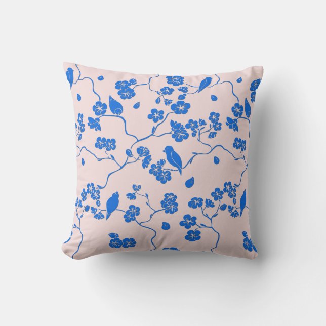 Fåglar på Cherry Blommars Blue på  Kudde (Framsida)