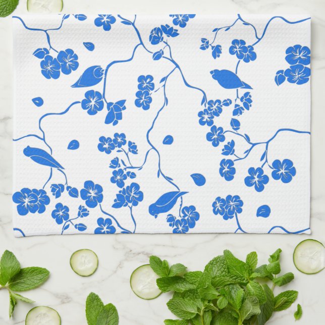 Fåglar på Cherry Blommars Blue Print Kökshandduk (Vikta)