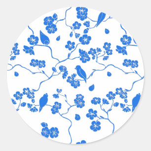 Fåglar på Cherry Blommars Blue Print Runt Klistermärke