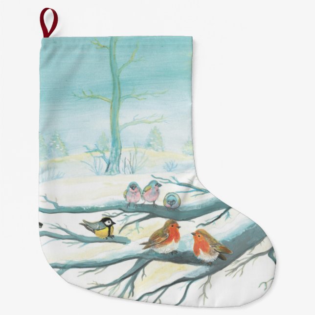 Fåglar på den vita vintern snö stor julstrumpa (Framsidan)