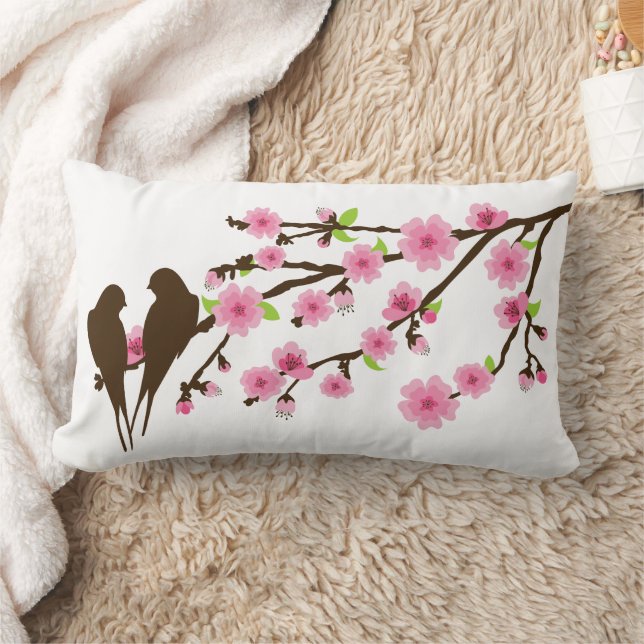Fåglar på en Cherry Blommar Gren Lumbar Pillow Lumbarkudde (Filt)