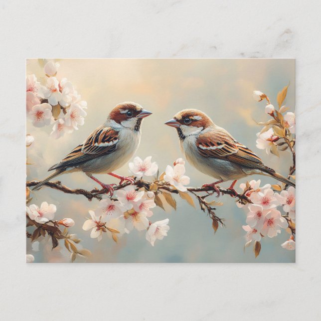 Fåglar på en Cherry-Blommar Gren Vykort (Framsida)