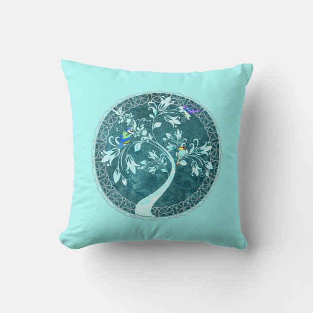 Fåglar på en Gren Aqua Blue Reversible Kudde (Framsida)
