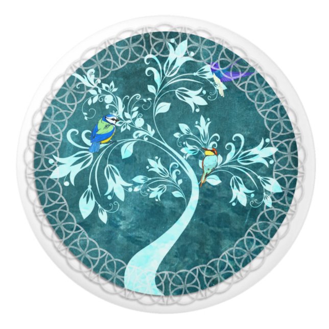 Fåglar på en Gren Blue Land Ceramic Drant Knopp (Framsidan)