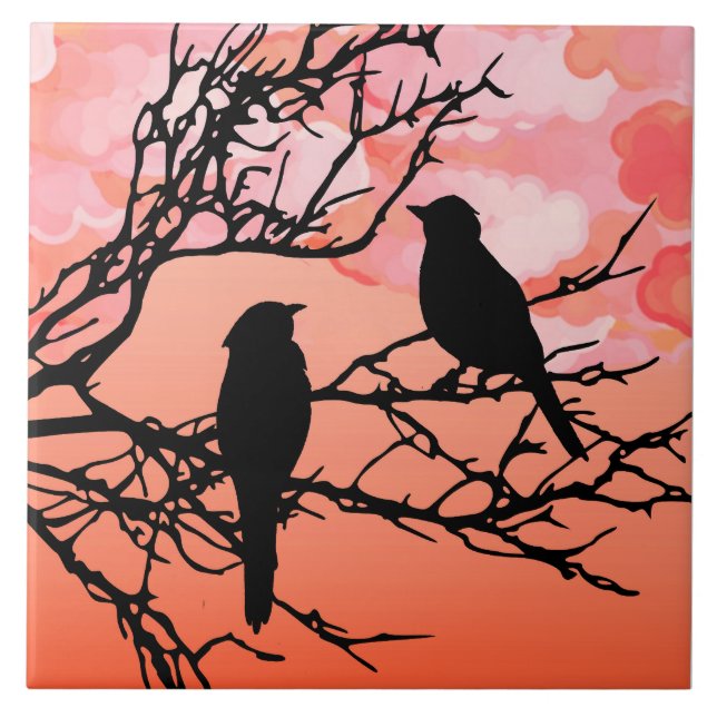 Fåglar på Gren, Black Against Sunset Orange Kakelplatta (Framsidan)