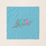 Fåglar på Gren, Himlar Blue Multi Square<br><div class="desc">Kvadratisk scarf som skildrar tre små fåglar,  som är peröda på gren,  i ett digitalt kollage av fraktalsnurrande mönster,  mot en japansk snurrande bakgrund - skuggor av himlar blå,  turkos,  fuchsisk rosa och brunt</div>