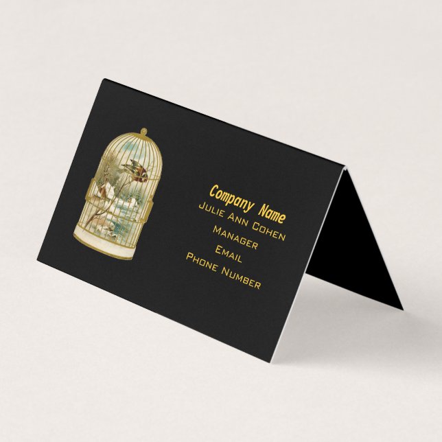 Fåglar på Gren i Guld Birdcage Winter Scene Black Visitkort (Framsida)
