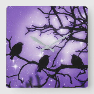 Fåglar på Gren - Lila Starlight Wall Clock Fyrkantig Klocka