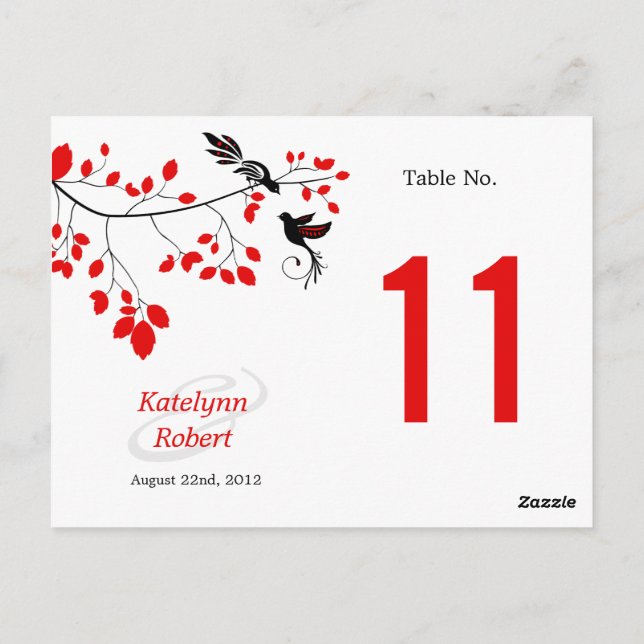 Fåglar på Gren Red & Black Bordsnummer Card (Baksida)