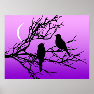 Fåglar på Gren, svarta mot Twilight-Lila Poster