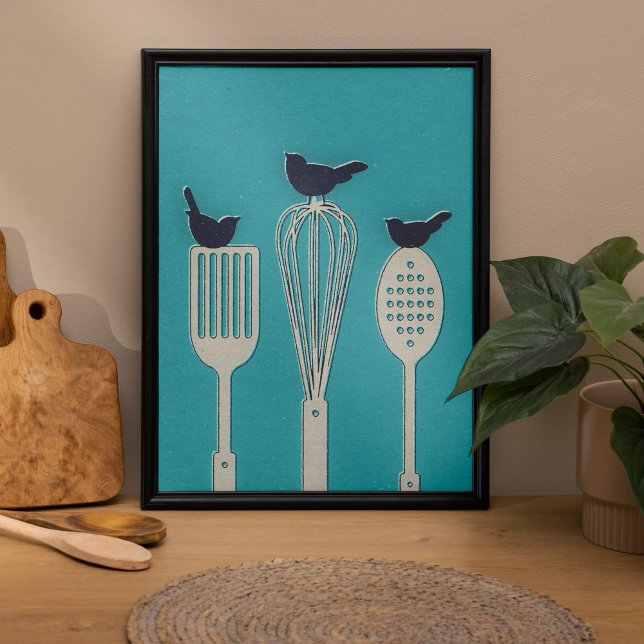 Fåglar på köksredskap Köks Poster (Minimalist and retro themed birds on kitchen utensils wall art poster.)