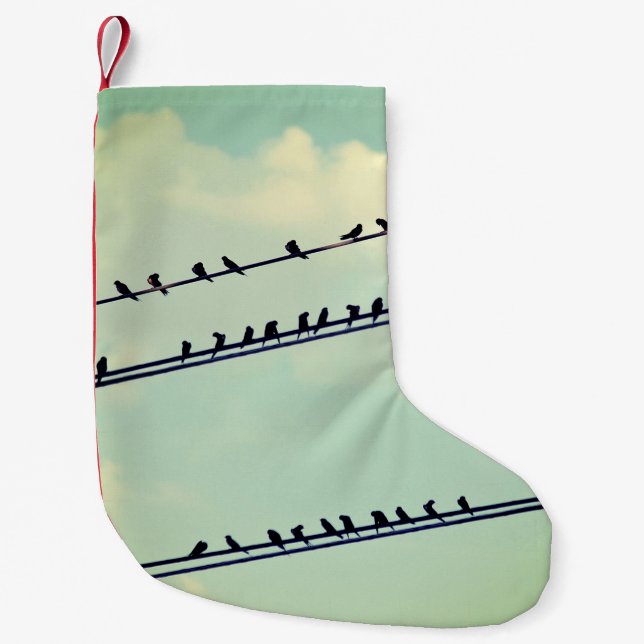 Fåglar på ledningar, gammaldags blå himmel. liten julstrumpa (Framsidan)