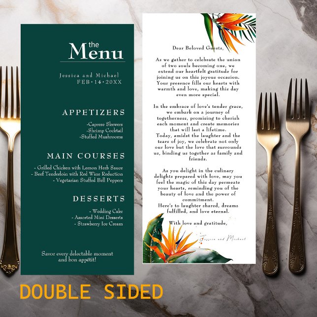 Fåglar på menyn Paradise Bliss bröllop Meny (Birds of Paradise Bliss The Wedding Menu - double sided)