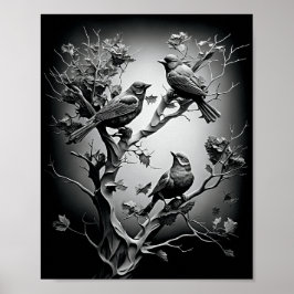 Fåglar på svarta och vita fåglar i Träd Grenar Poster