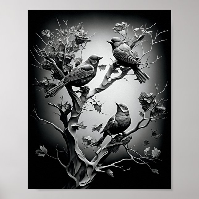 Fåglar på svarta och vita fåglar i Träd Grenar Poster (Framsidan)