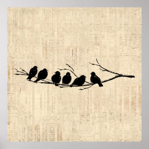 Fåglar på Vintagen Träd Gren Poster