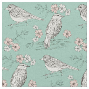 Fåglar Rosa Flowers Robins Egg Blue Tyg