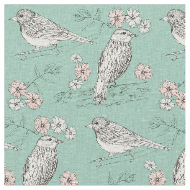 Fåglar Rosa Flowers Robins Egg Blue Tyg (Närbild)