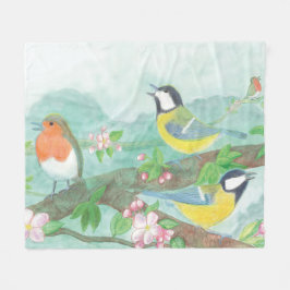 Fåglar sjunger på en blommande träd gren fleecefilt