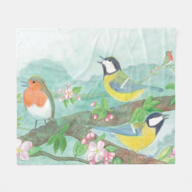 Fåglar sjunger på en blommande träd gren fleecefilt (Framsidan (Horisontell))