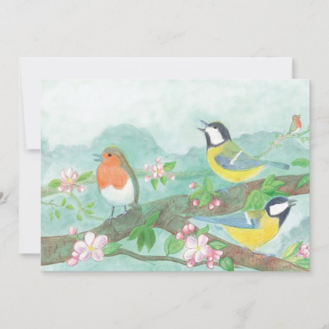 Fåglar sjunger på en blommande träd gren julkort (Framsida)