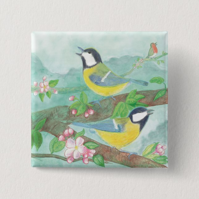 Fåglar sjunger på en blommande träd gren knapp (Framsida)