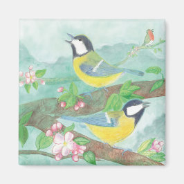 Fåglar sjunger på en blommande träd gren magnet