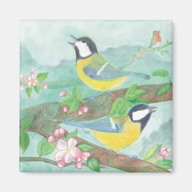 Fåglar sjunger på en blommande träd gren magnet (Framsidan)