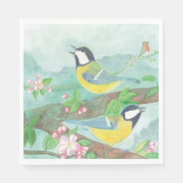 Fåglar sjunger på en blommande träd gren pappersservett