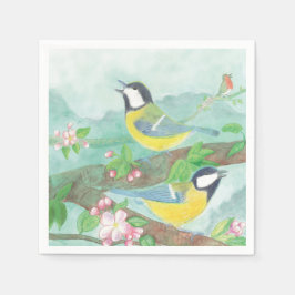 Fåglar sjunger på en blommande träd gren pappersservett