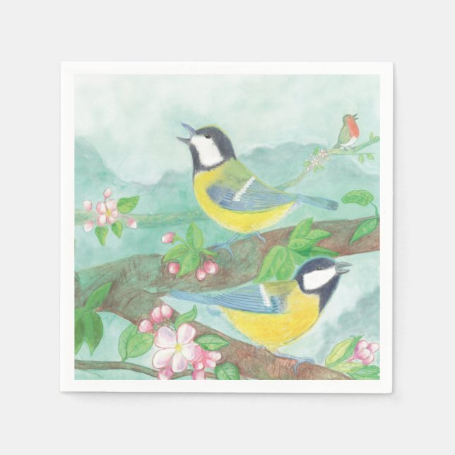 Fåglar sjunger på en blommande träd gren pappersservett (Framsidan)