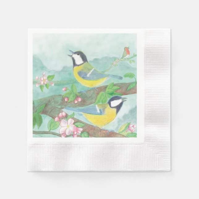 Fåglar sjunger på en blommande träd gren pappersservett (Framsidan)