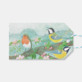 Fåglar sjunger på en blommande träd gren presentetikett