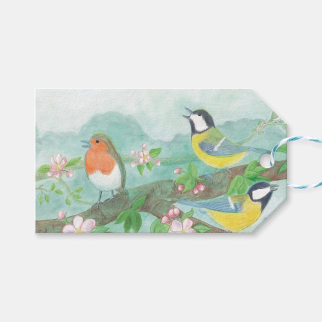 Fåglar sjunger på en blommande träd gren presentetikett (Framsidan (Horisontell))