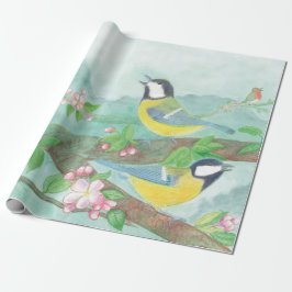 Fåglar sjunger på en blommande träd gren presentpapper