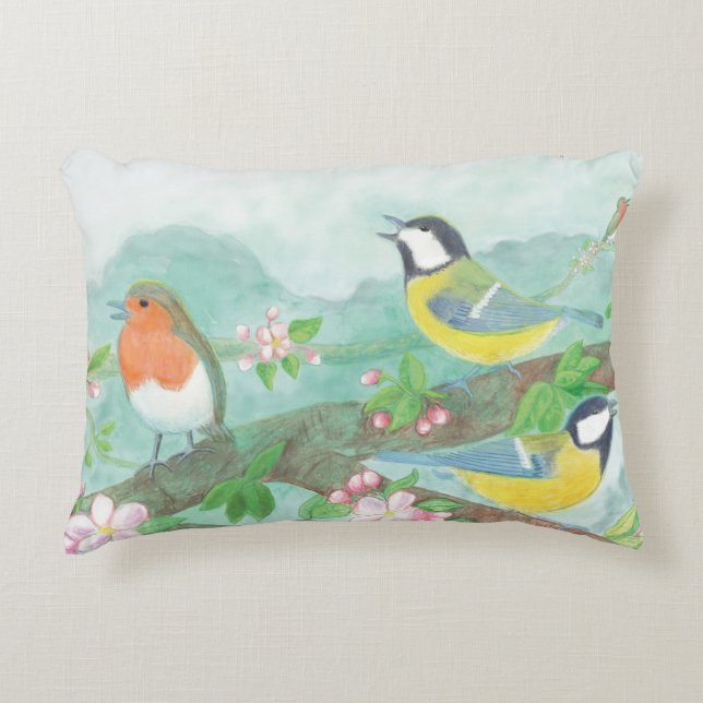 Fåglar sjunger på en blommande träd gren prydnadskudde (Framsidan)