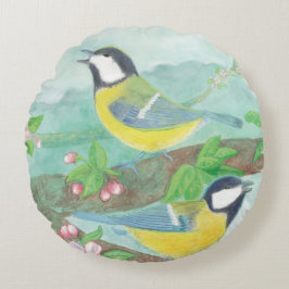 Fåglar sjunger på en blommande träd gren rund kudde