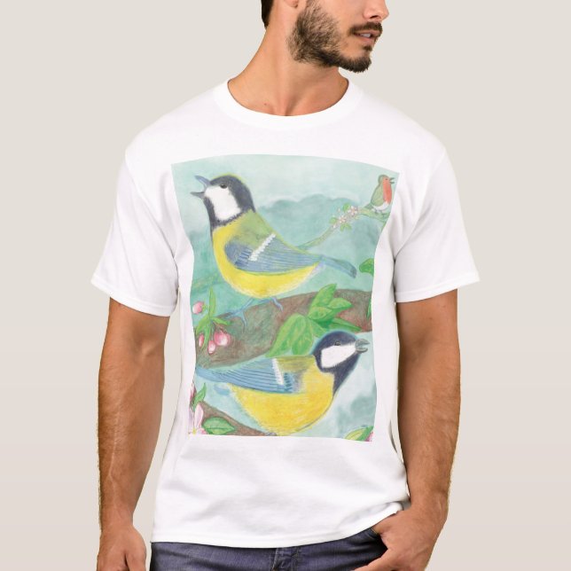 Fåglar sjunger på en blommande träd gren t shirt (Framsida)