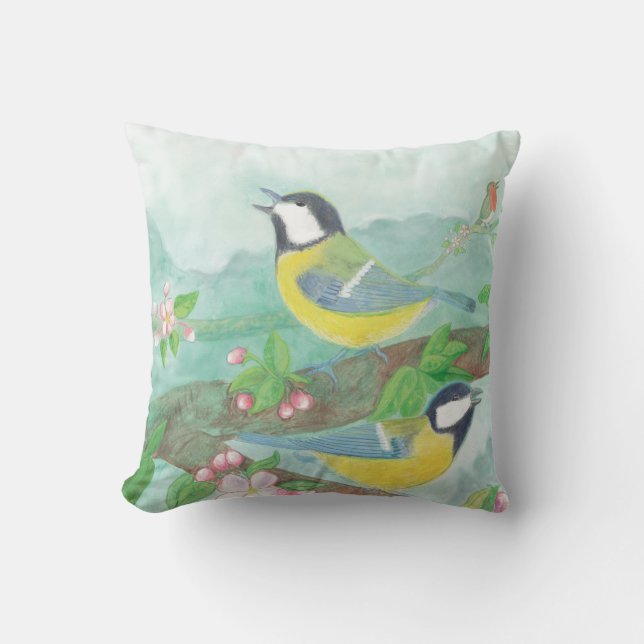 Fåglar sjunger på en blommande trädgren  kudde (Framsida)