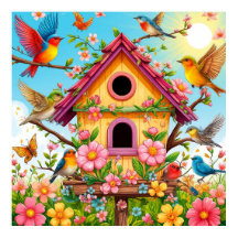 Fåglar som beter sig runt ett fågelhus