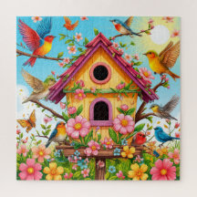 Fåglar som beter sig runt ett fågelhus