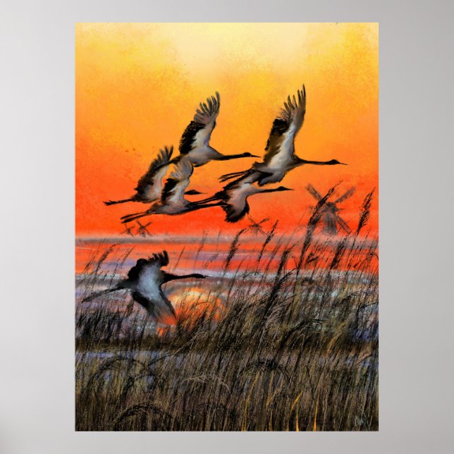 Fåglar som flyger solnedgång Poster utskrift - mål (Framsidan)