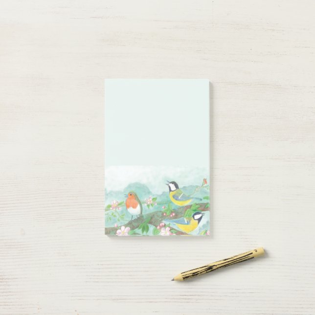 Fåglar som sjunger på en blommande Träd Gren Post-it Block (På skrivbordet)