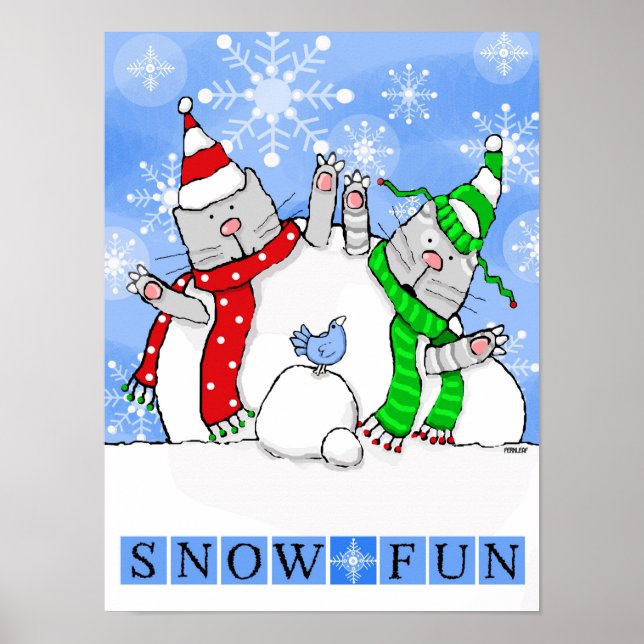 Fåglar som tittar två katter Försök Bygga Snögubbe Poster (Framsidan)