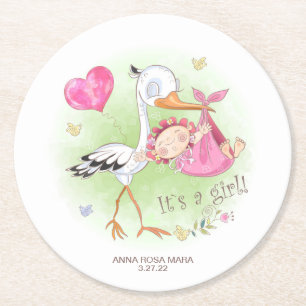 *~* Fåglar Stork Flicka Heart Baby Shower Underlägg Papper Rund