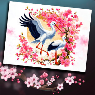 Fåglar storkar asiatisk natur sakura oriental deco vykort
