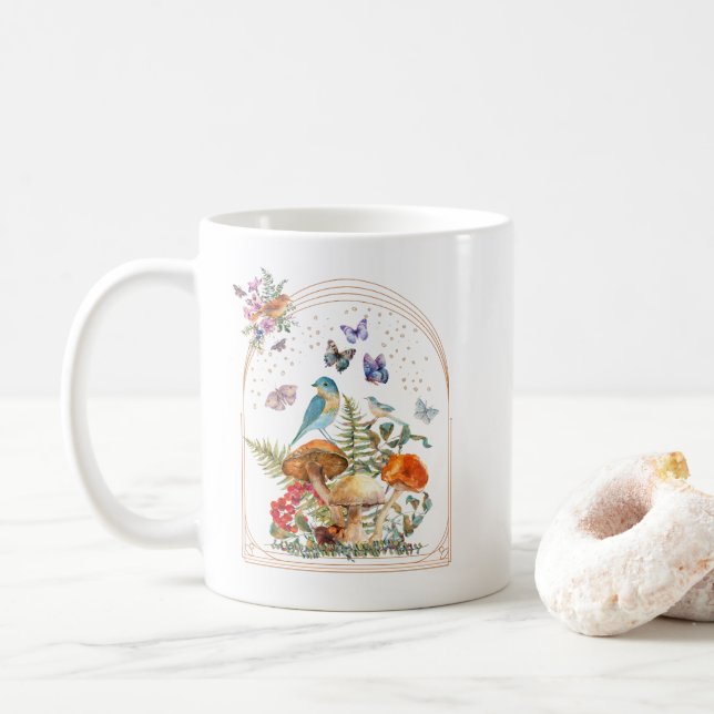 Fåglar, svampar och fjärilar kaffemugg (Med munk)